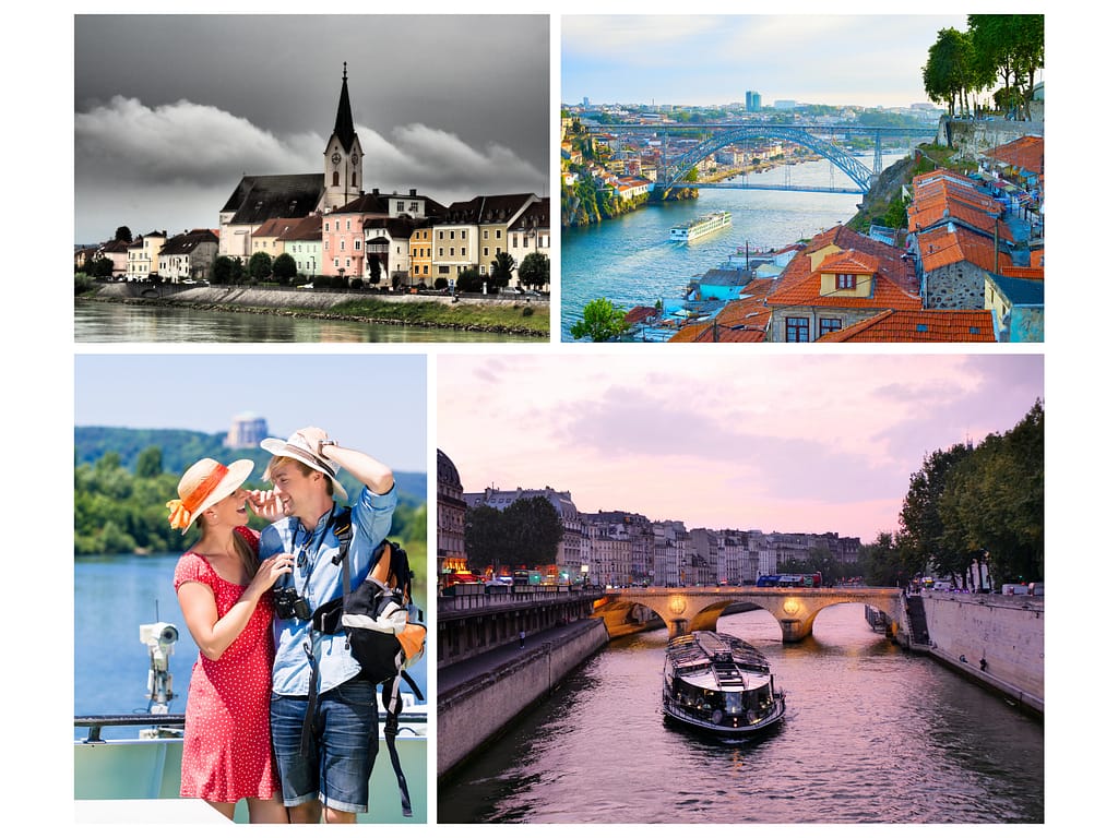 River cruise supply (1) Top left- Austria; right top- River cruise sailing down the Douro; bottom left- couple posing for picture on river cruise ship; bottom right- river cruise ship sailing down the Seine