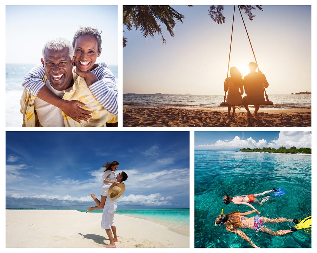 Picture Beach Collage: top left picture a retired couple laughing at the beach; top right picture is a couple watching the sunset at the beach wile sitting on a swing together; bottom left is a couple on the beach with the man lifting the woman in the air; bottom right is a lesbian couple snorkeling in the ocean.