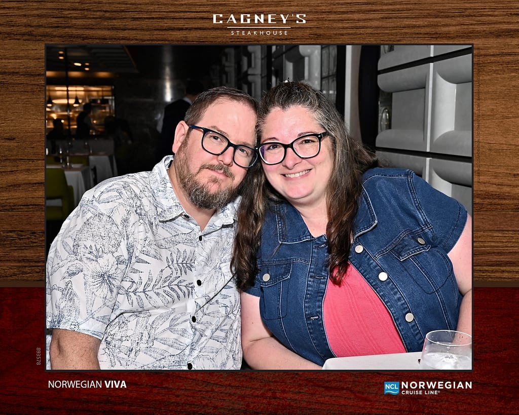 Ben and Erica eating dinner at Cagney's Steakhouse on the Norwegian Viva